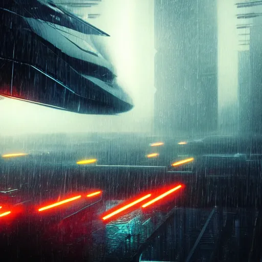 Image similar to rain, giant futuristic cyberpunk spaceship flying, blade runner, dense fog, bloom, cinematic contrasted lighting, ultra detailed, trending on artstation