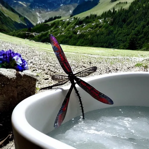 Prompt: dragonfly in a bathtub in the alps, goat!!!!! in background