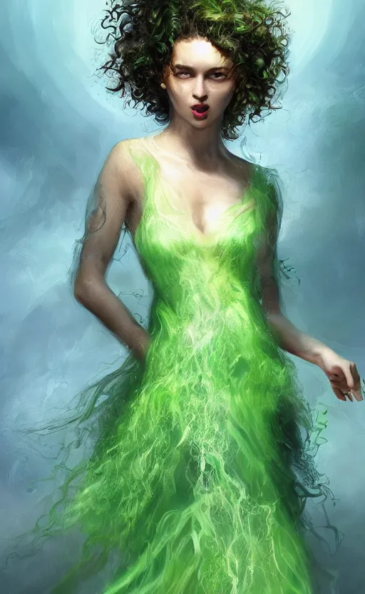 Image similar to a young woman with wild, curly hair and bright green eyes. she's wearing a flowing dress made of light, airy fabric and she has a mischievous look on her face, dynamic lighting, photorealistic fantasy concept art, trending on art station, stunning visuals, creative, cinematic, ultra detailed