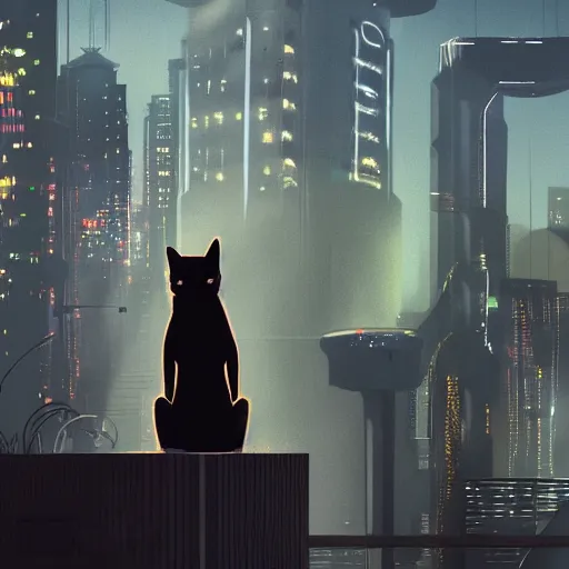 Prompt: Stray cat sitting on a roof watching a cyberpunk futuristic city