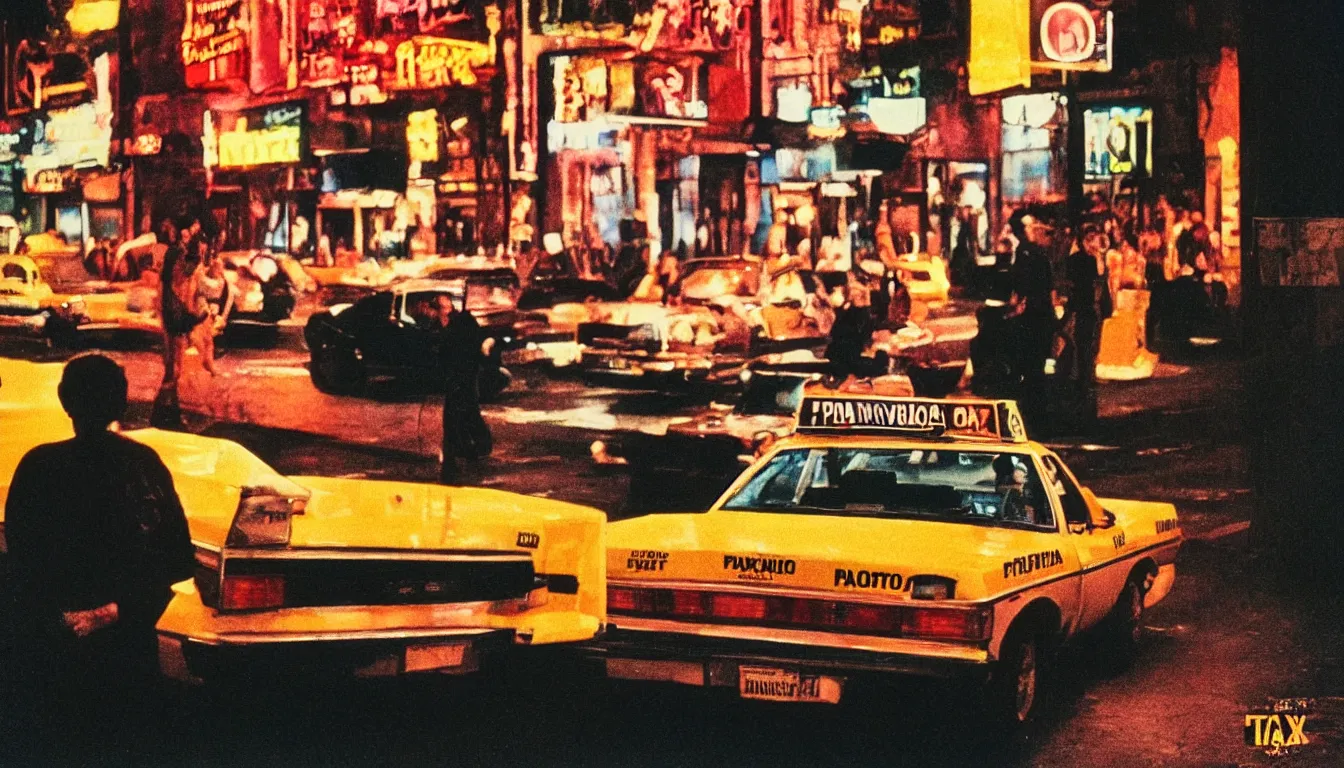 Image similar to 8 0 s polaroid photo, cinema still from movie taxi driver, sleazy man watching night streets, colorful haze, americana, high production value, 8 k resolution, hyperrealistic, hdr, photorealistic, high definition, high details, tehnicolor, award - winning photography, masterpiece, amazing colors