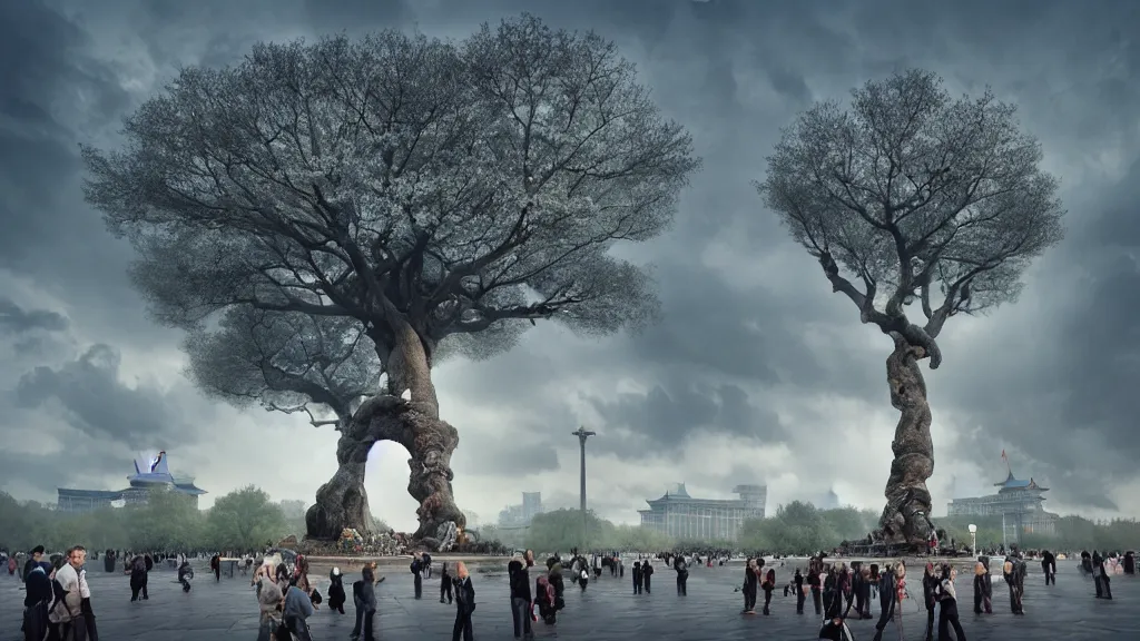 Image similar to the great elven tree growing in the middle of tiananmen square, beijing. andreas achenbach, artgerm, mikko lagerstedt, zack snyder, tokujin yoshioka