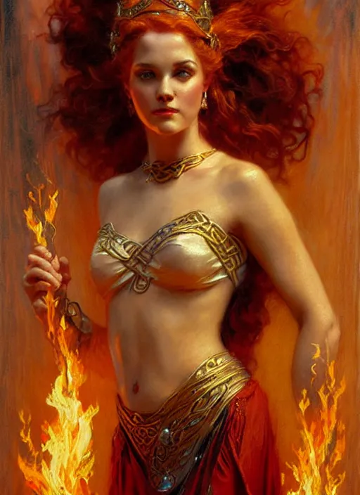 Image similar to young celtic woman, goddess of fire, flowing gown, smug expression, highly detailed painting by gaston bussiere, craig mullins, j. c. leyendecker 8 k, art nouveau