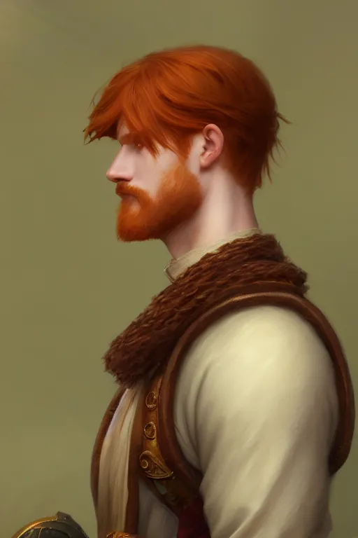 Prompt: a portrait of a ginger male prince, side profile, illustration, soft lighting, soft details, dark mood, painting oil on canvas by Edmund Blair Leighton and Charlie Bowater octane render trending on artstation d&d characters, 4k, 8k, HD