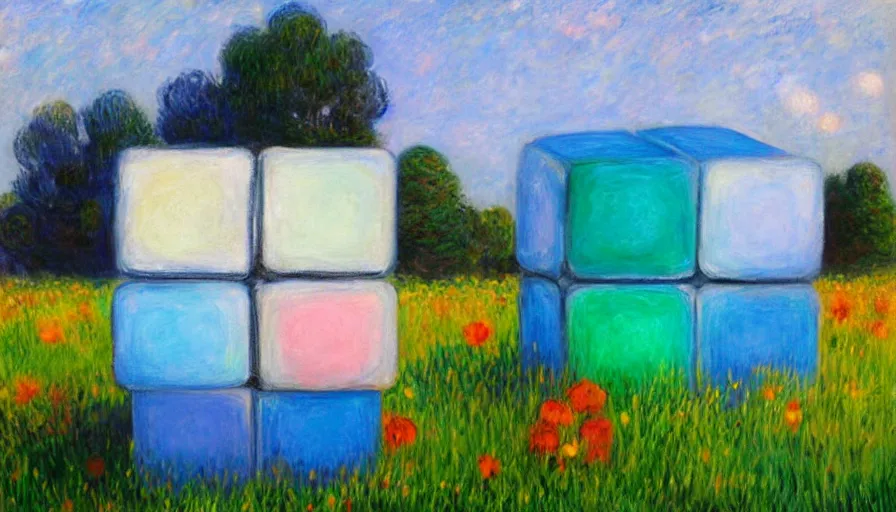 Image similar to beautiful portrait painting of companion - cube!!!!!!!!!!!! companion - cube!!!!!!!!!, monet, rhads,