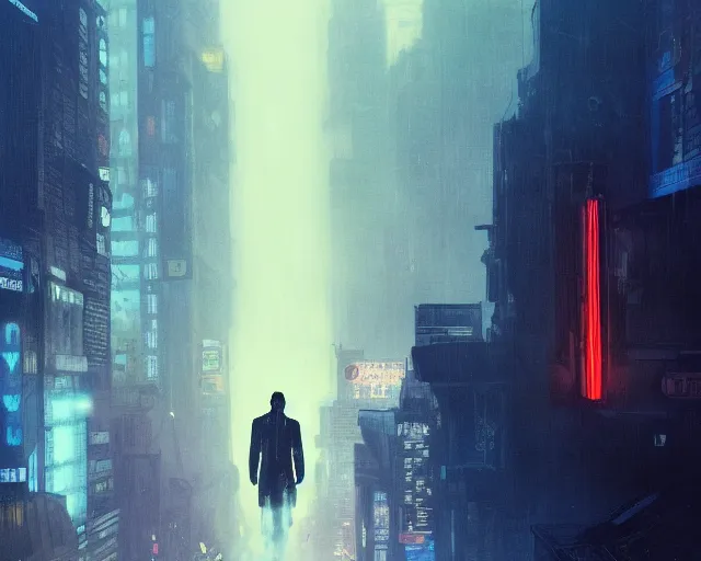 Image similar to 2 0 1 8 blade runner movie still young clint eastwood western look at the cityscape from roof perfect face fine realistic face pretty face reflective polymer suit tight neon puffy jacket blue futuristic sci - fi elegant by denis villeneuve tom anders zorn hans dragan bibin thoma greg rutkowski ismail inceoglu illustrated sand storm alphonse mucha