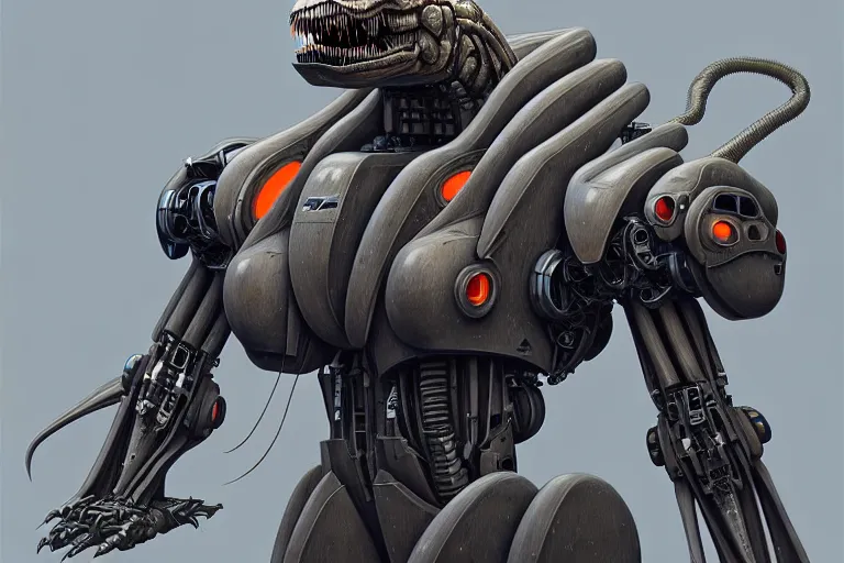 Image similar to trex in a cyborg mech suit, by alexandre ferra, zezhou chen, peter gric, mohamed reda and hr giger, hyper detailed, screen print, character concept art, hyperrealism, coherent, cgsociety, zbrush central, behance hd, hypermaximalist