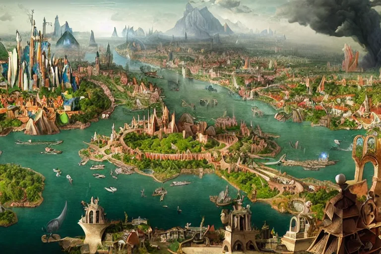 Prompt: a beautiful complex insanely detailed matte painting of a magical city on the river Styx by Heironymous Bosch and Bernardo Bellotto and Tyler Edlin and James Gurney