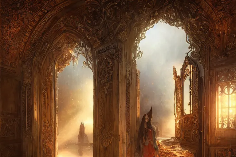 Image similar to large rustic intricately decorated wooden double door, metal handles, a view to a fantasy world, ethereal back light, mist, coherent composition, fantasy painting by artgerm, greg rutkowski, noriyoshi ohrai, yuumei