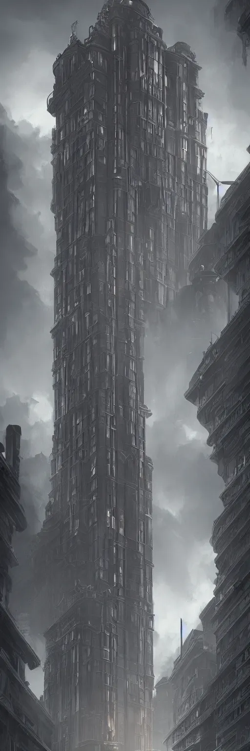 Image similar to very tall victorian-art deco house, Dynamic lighting, cinematic, establishing shot, extremely high detail, photo realistic, cinematic lighting, , post processed denoised, concept design, concept art, artstation, matte painting, midjourney, style by alex ross, raphael lacoste, eddie mendoza