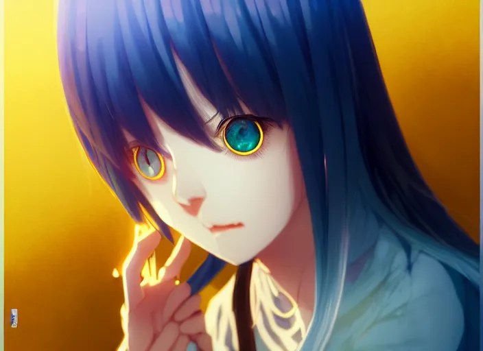 Image similar to rimuru playing chess, with amber eyes of gold color, straight hair, sky blue hair, long bangs, high collar, concept art, award winning photography, digital painting, cinematic, by wlop, anime key visual, wlop, 8 k, by ross tran, tom bagshaw, andy warhol