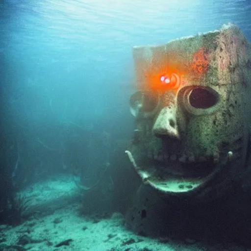 Image similar to abandoned theme park animatronic underwater, underwater photograph, dark, scary lighting, eerie, surreal, submechanophobia,