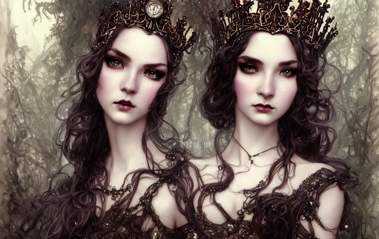 Image similar to beautiful and luxury and victorian and gothic and dieselpunk young medieval dark crown princess portrait like blackpink lisa + smoky eyes + front face with light flowing hair, ultradetail face, art and illustration by tian zi and craig mullins and wlop and alphonse mucha, fantasy, intricate complexity, human structurefantasy character concept, watermark, blurry, hyperrealism 8 k