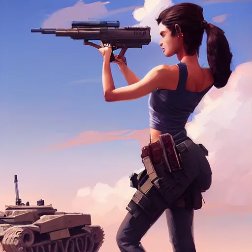 Prompt: beautiful woman with a tanktop holding a machine gun in a war, digital art, painting by artgerm, greg rutkowski, ilya kuvshinov, paul lerh