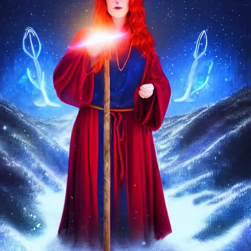 Image similar to red headed woman dressed in dark blue wizard robes holding a wooden staff covered in glowing red runes topped with a glowing gem. background of snowy mountains. fantasy painting.