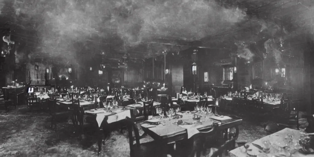 Image similar to the interior of a luxury restaurant that is burning while odd monsters appear in the background, 1 9 0 0 s photograph