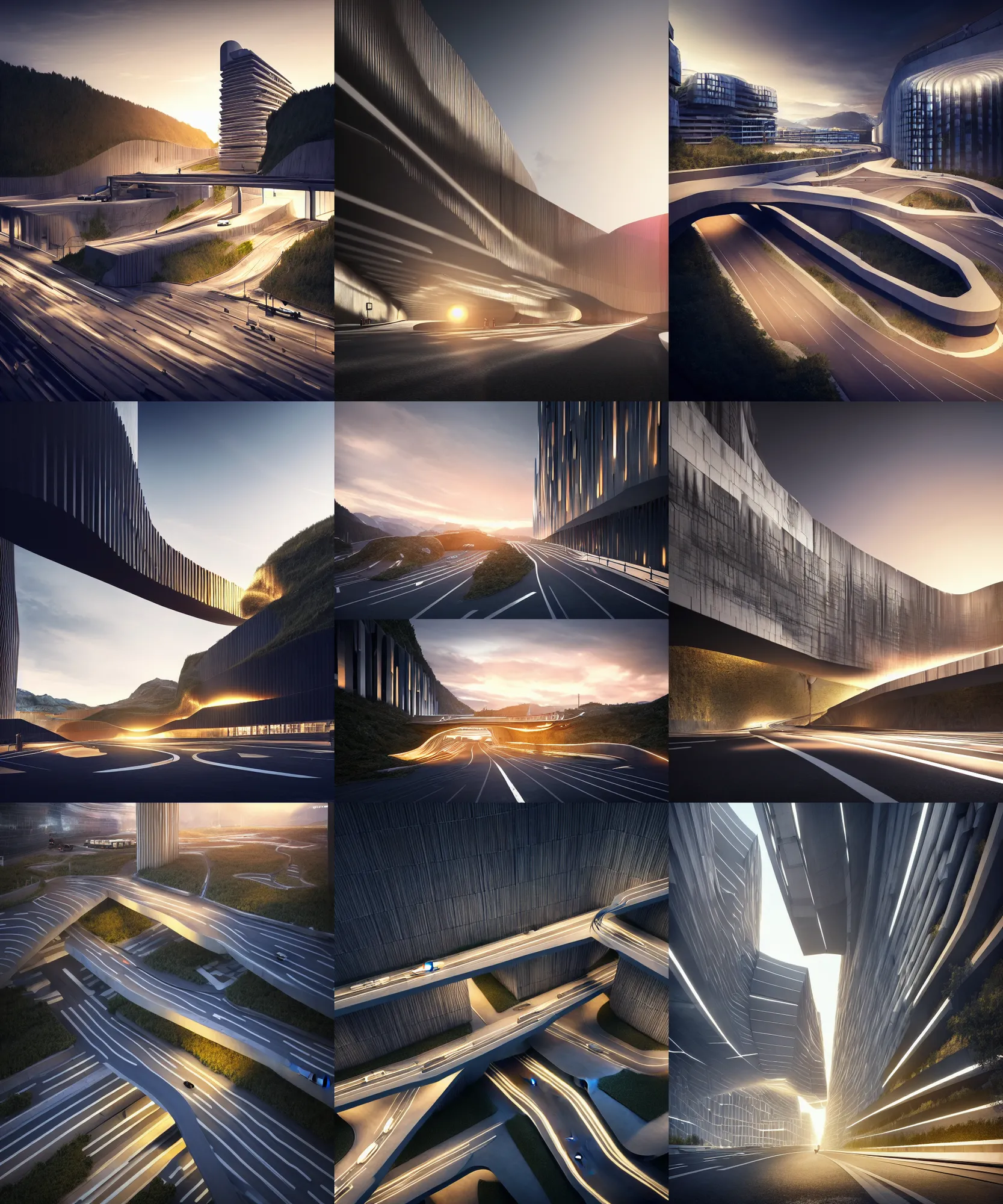 Prompt: denis villeneuve establishing shot of modern bjarke ingels condo building and gotthard tunnel entrance combined, roads tunnel under bjarke ingels condo building, lush environment, sunset raked lighting, scifi artstation digital concept art, unreal engine, hyper realism, realistic shading, cinematic composition, octane render, wide shot