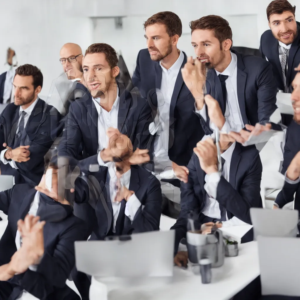 Prompt: stock photo of muppet businessmen in suits watching a business pitch, wide shot, photorealistic 4 k