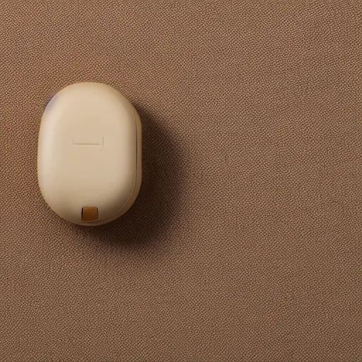 Prompt: a single beige truly wireless earbud with gold accents, Jabra style, oval flat gold case, studio, product photo