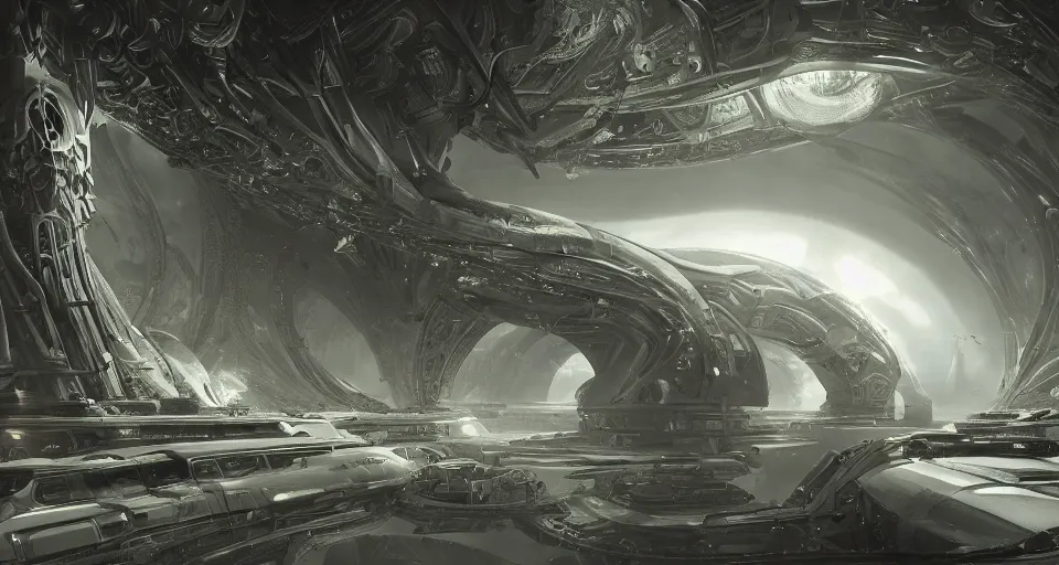 Image similar to A beautiful artwork illustration, detailed, level design, third person, The pristine halls of an organic alien spacecraft, biomechanical structures, subsurface scattering, realistic, featured on Flickr, wide angle, horizontal orientation, very coherent, cinematic, hyper realism, high detail, octane render, 8k