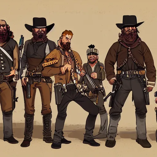 Image similar to a gang of mercenaries in the wild west, posing for a group photo, cool, stylized, colorized, concept art, key visual