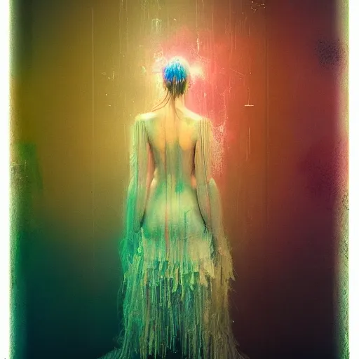 Image similar to resonant frequency by cy Twombly and BASTIEN LECOUFFE DEHARME, colorful, iridescent, volumetric lighting, abstract