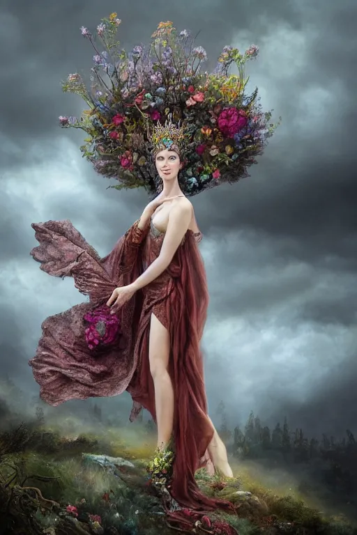 Prompt: fine art photo of the beauty goddess catriona balfe, she is wearing a mystical long gown she has a crown of stunning flowers and gemstones, background full of stormy clouds, by peter mohrbacher