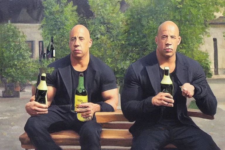 Prompt: vin diesel in an black sport adidas suite sits on a bench with a bottle of beer in the courtyard of a provincial russian town, oil on canvas, naturalism w