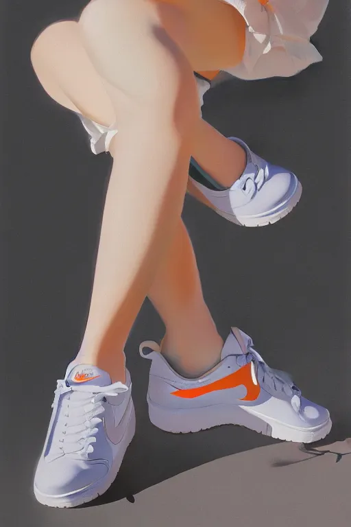 Image similar to A ultradetailed beautiful panting of a stylish girl , she is wearing Nike sneakers, Oil painting, by Ilya Kuvshinov, Greg Rutkowski and Makoto Shinkai