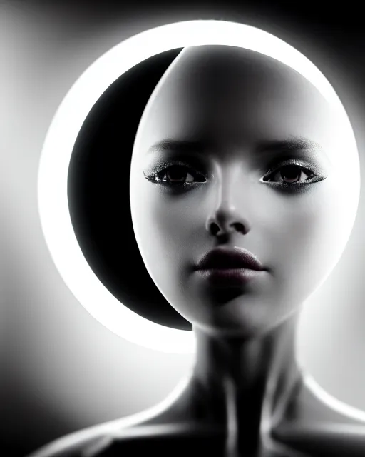 Image similar to black and white high quality photo of a beautiful futuristic female posthuman-cyborg looking into a sci-fi mirror, volumetric lighting, liminal space, brutalism, foggy, dreamy, hyperdetailed, bokeh, photorealistic, cinematic, masterpiece, Metropolis, elegant, dark, octane render, 8K, in the style of Dora Maar and Man Ray