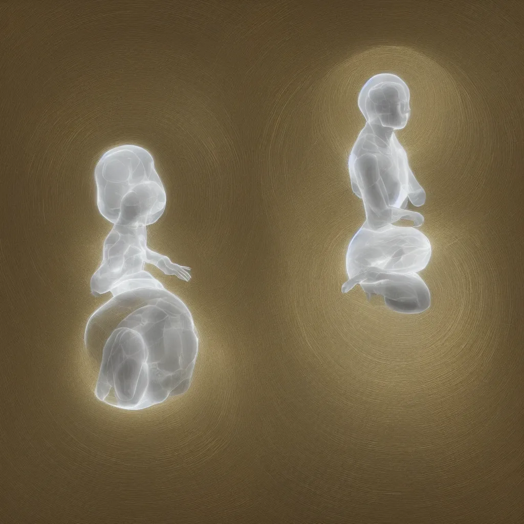 Image similar to “the last human being uploaded to the cloud sitting in a spherical white chamber with the surfaces glowing in gold with consciousness, highly detailed in 4K”