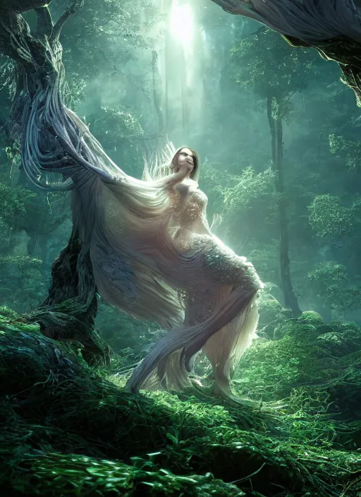 Image similar to beauteous nebular biomechanical incredible hair, crystalline masterpiece incrustations, hyperdetailed face, flippered feet, elegant pose, movie still, intricate, octane render, cinematic forest lighting, cgsociety, unreal engine, crepuscular rays, god rays, caustic shadows lighting