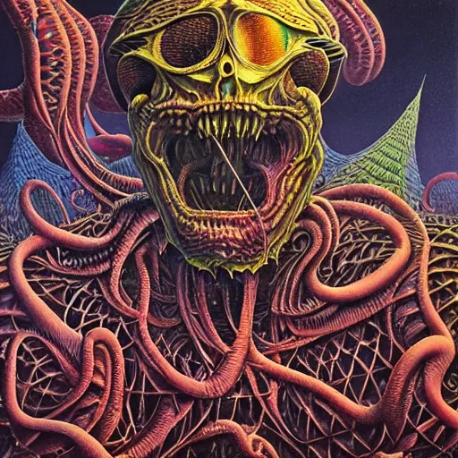 Prompt: thrash metal album cover in the style of wayne barlowe, realistic, insanely detailed, intricate, smooth, airbrush, play-doh art by kenny scharf and philippe druillet
