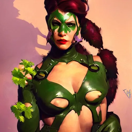 Image similar to greg manchess portrait painting of armored poison ivy as overwatch character, medium shot, asymmetrical, profile picture, organic painting, sunny day, matte painting, bold shapes, hard edges, street art, trending on artstation, by huang guangjian and gil elvgren and sachin teng