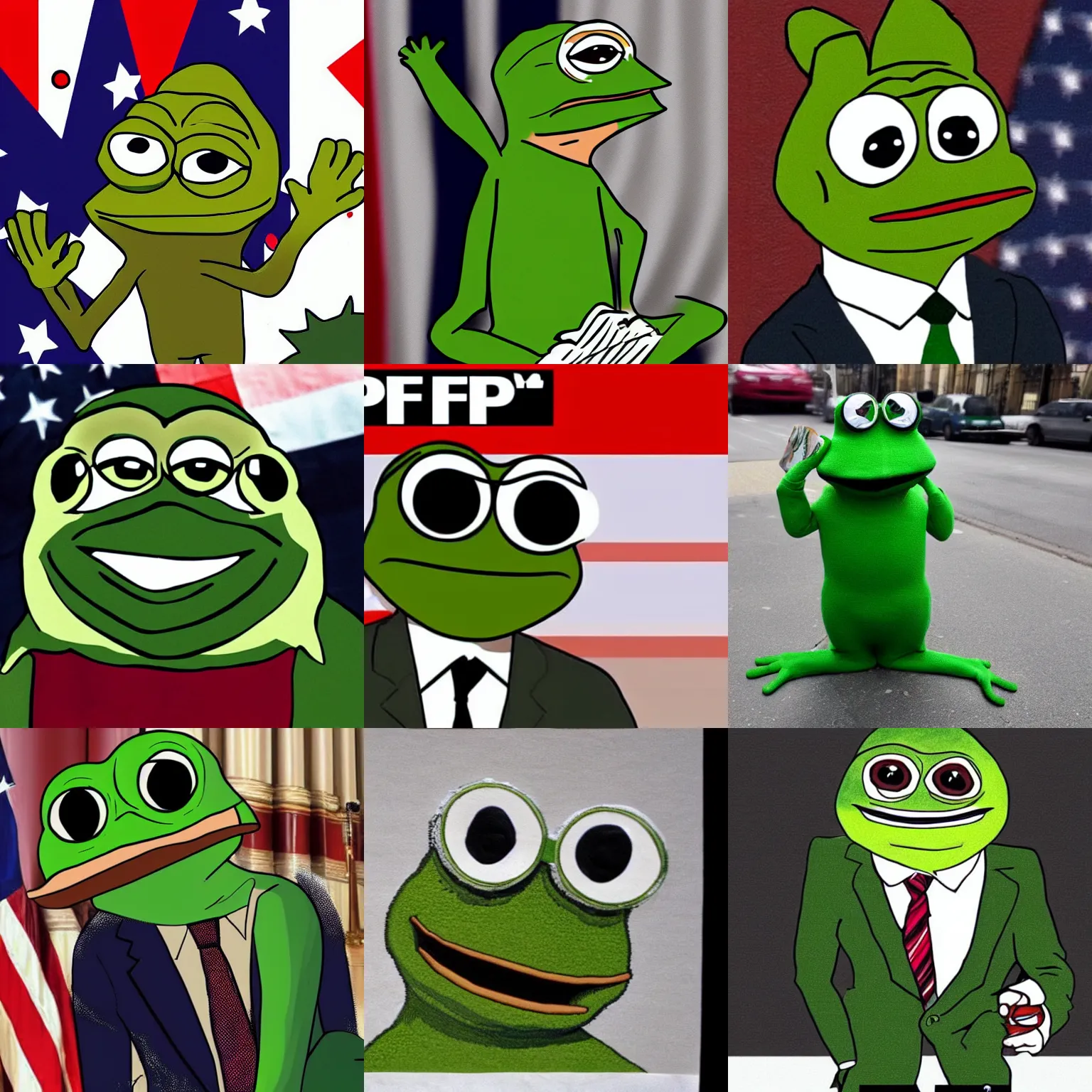 Prompt: Pepe the Frog, dressed like Barack Obama, acting as the president of USA