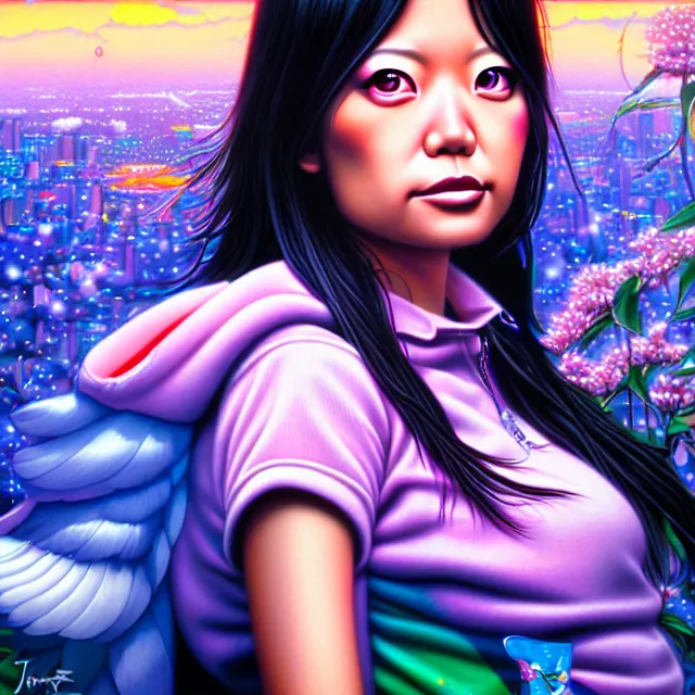 Prompt: a photorealistic image of tomoko kuroki, by jason felix, dan mumford, kinkade, lisa frank, artgerm, range murata, tokyo mural