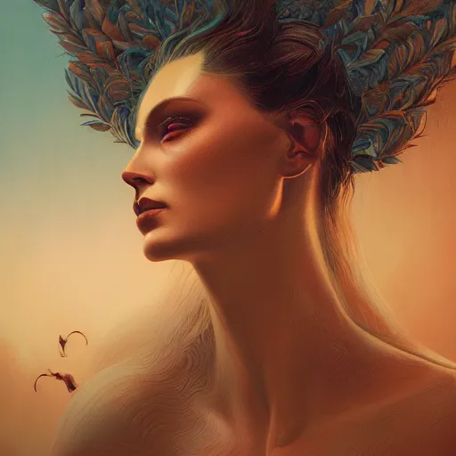 Image similar to a dramatic portrait of a woman showing affection to deer, cinematic lighting, symmetric face by karol bak, christopher balaskas