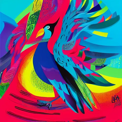 Image similar to A beautiful experimental art of a large, colorful bird with a long, sweeping tail. The bird is surrounded by swirling lines and geometric shapes in a variety of colors by Michal Lisowski, by Eric Carle robust, unnerving