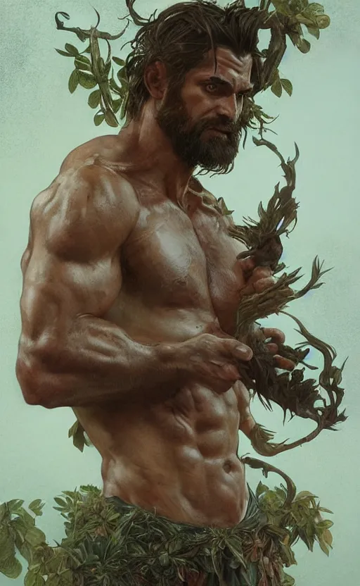 Image similar to god of the forest, 3 0 years old, rugged, male, gorgeous, detailed face, amazing, thighs, full body shot, long hair, muscular, intricate, highly detailed, digital painting, artstation, concept art, sharp focus, illustration, art by greg rutkowski and alphonse mucha