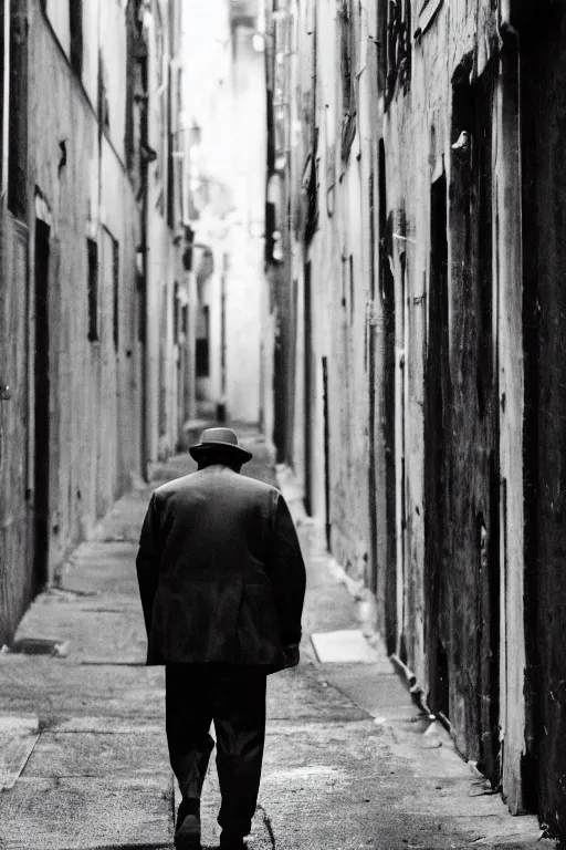 Prompt: a 5 0's detective, walking alone in an alley