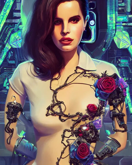 Image similar to portrait of lana del rey as a cyberpunk cyborg. roses sci - fi intricate abstract upper body intricate artwork, roses, rose petals, by tooth wu, wlop, beeple, dan mumford. concept art, octane render, deviantart, greg rutkowski, cinematic arthouse, key art, hyper realism, iridescent accents