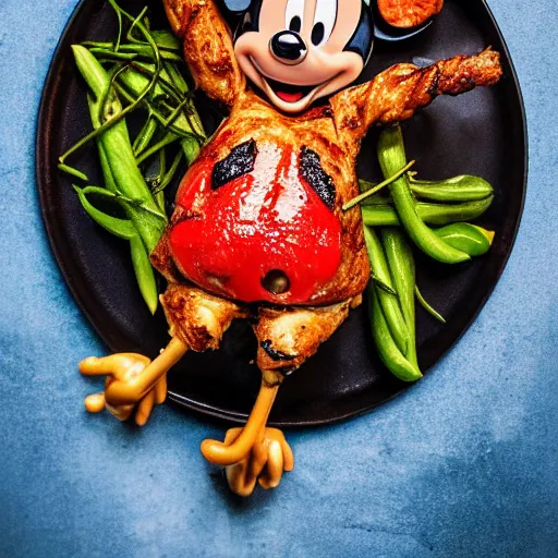 Prompt: Food photography award winning rotisserie grilled Mickey Mouse on a platter