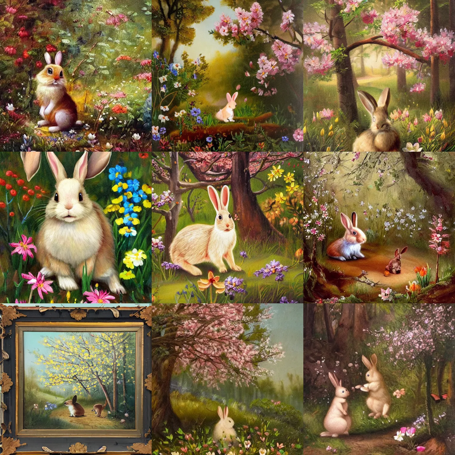 Prompt: The first day of spring. The woods are in bloom, and a rabbit has found some flowers. Captivating oil painting of unknown origin