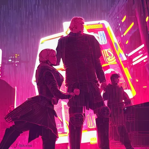 Image similar to jaime lannister and brienne of tarth fighting against a horde of neon zombies, cyberpunk art by james gilleard, cgsociety, retrofuturism, synthwave, retrowave, outrun