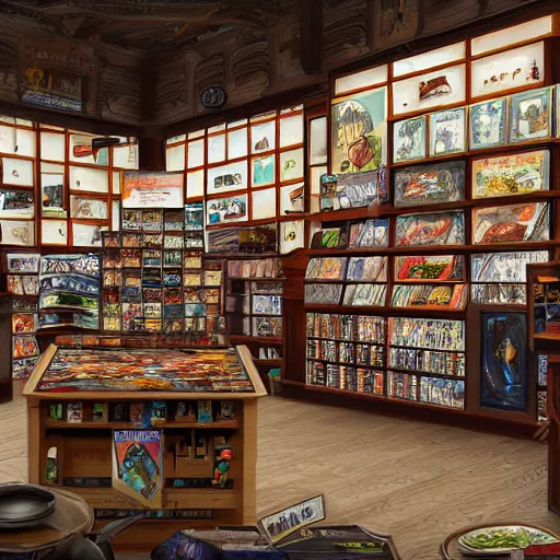 Prompt: the interior of a store that sells board games and sushi, intricate, digital painting, masterpiece, rending on artstation, octane render, art by artgerm and greg rutkowski and alphonse mucha and craig mullins and James Jean and Andrei Riabovitchev and Marc Simonetti and peter mohrbacher