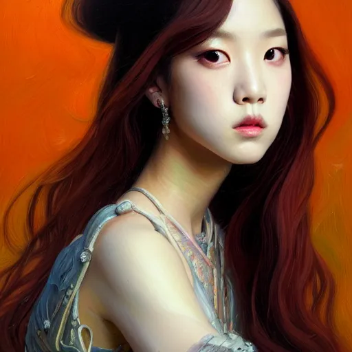 Image similar to a painting of jisoo of blackpink in the style of donato giancola, and in the style of charlie bowater, and in the style of jules ferdinand jacquemart, symmetry, smooth, sharp focus, semi - realism, photo realistic, dynamic lighting, artstation, poster, volumetric lighting, very detailed face, intricate complexity, 8 k, award winning