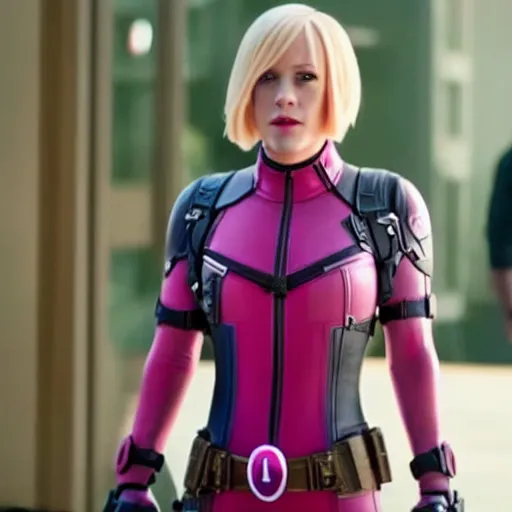 Image similar to A still of Gwenpool in Deadpool 3 (2023), no mask, blonde hair with pink highlights