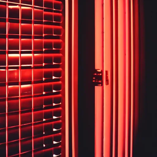 Image similar to noisy color photograph of a retrofuturist modern liminal space, laboratory, prison, red lights, automatic doors, minimalist, cinematic, soft vintage glow