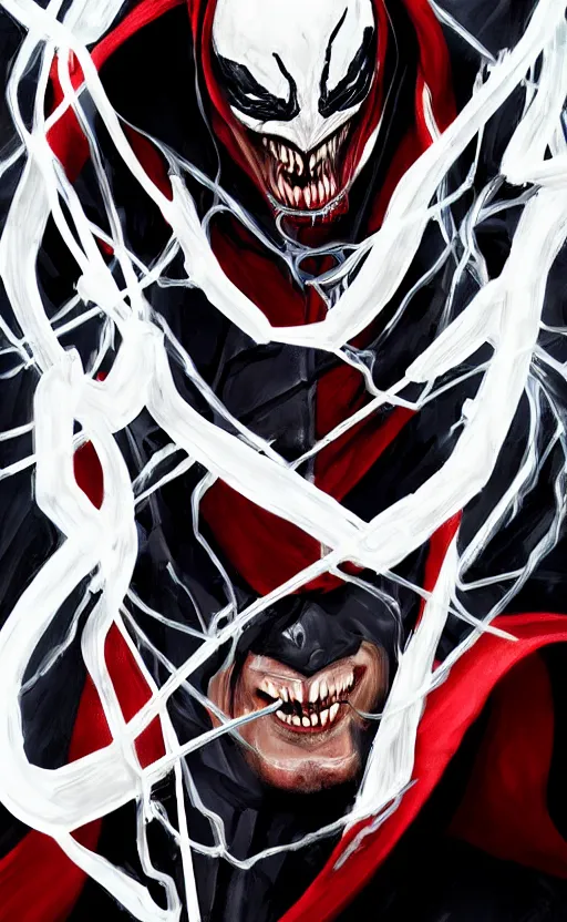 Image similar to venom as doctor strange, black and red suit, dynamic lighting, photorealistic fantasy concept art, trending on art station, stunning visuals, terrifying, creative, cinematic