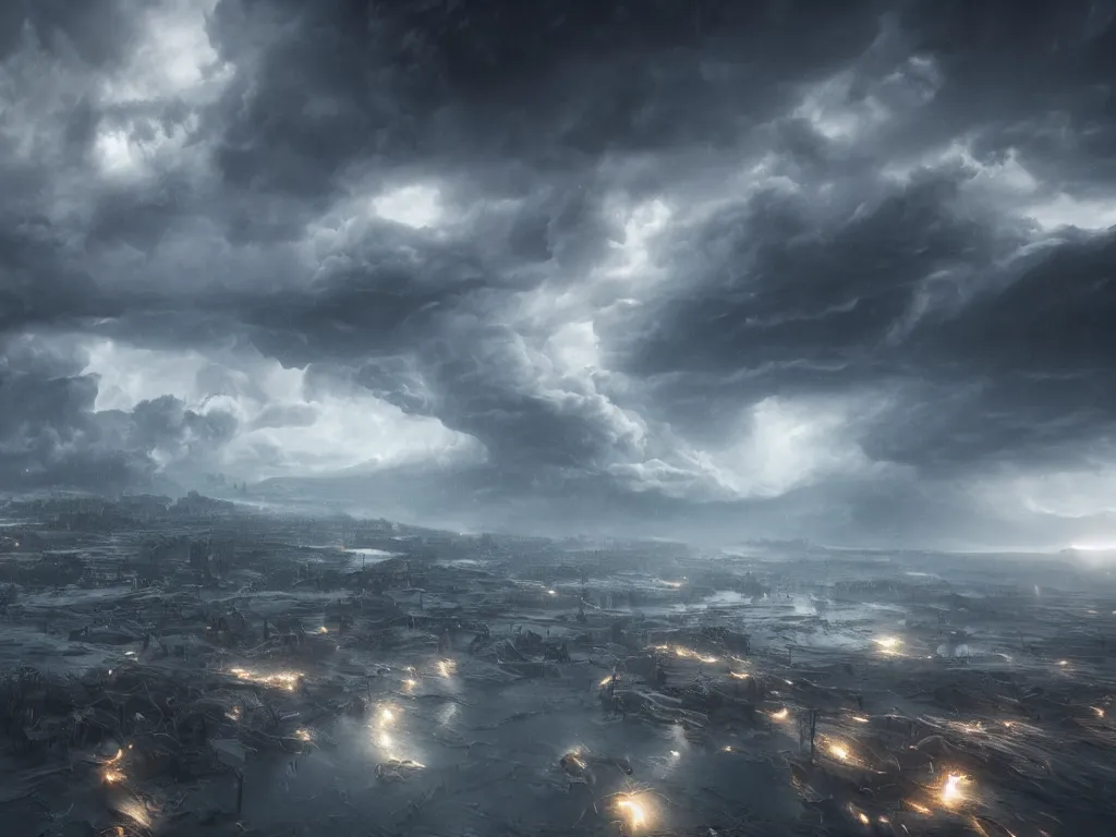 Image similar to supercells, landscapes, storms, craig mullens, unreal engine 5, octane render, scifi, moody, atmospheric, cinematic, very high complexity, 4 k